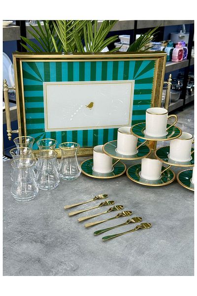 Doğudeko Green Line 25 Piece Tea & Coffee Set with Tray