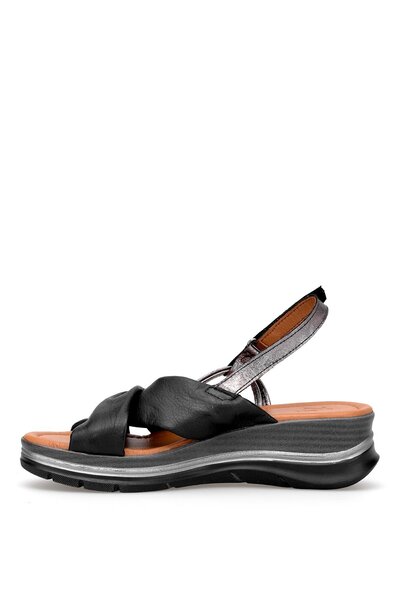 Ayakkabı Fuarı Elit Zeyn 8066 Women's Genuine Leather Wedge Heel Sandals Black