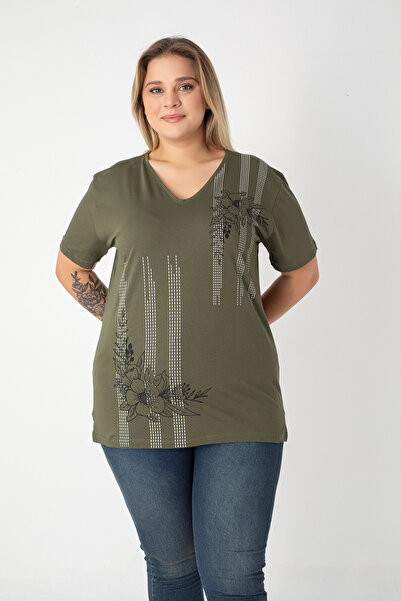 Orly More Printed Slit Cotton Women's V-Neck Plus Size T-Shirt
