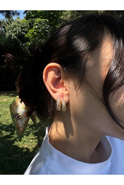 Tasarım Altın Kaplama Taşlı Işıltı Küpe