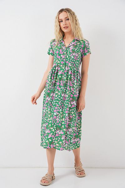 Bigdart Women's Buttoned Short Sleeve Floral Dress 2561 - Green