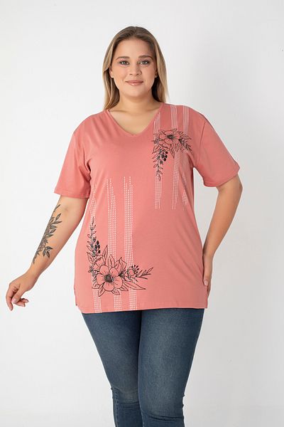 Orly More Printed Slit Cotton Women's V-Neck Plus Size T-Shirt