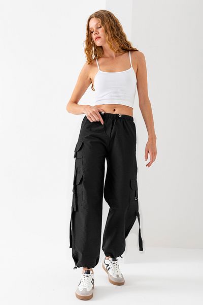 GİYSA Women's Cargo Pocket Parachute Pants with Stoppered Waist and Legs Black - 25664