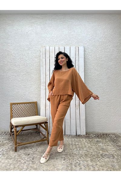 KÜÇÜĞÜM BUTİK Set de două piese bluză pantaloni de muselină Camel (PANTALON-BLUEZ)