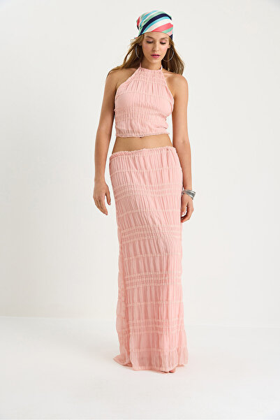 Bianco Lucci Kadın Sırt Detaylı Gipeli Crop Bluz Astarlı Pileli Etek Takım 9542 60283444