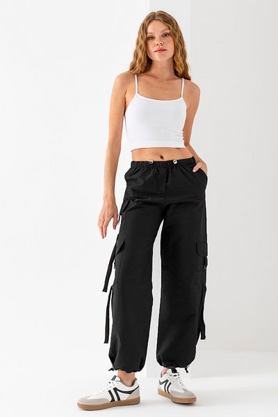 GİYSA Women's Cargo Pocket Parachute Pants with Stoppered Waist and Legs Black - 25664