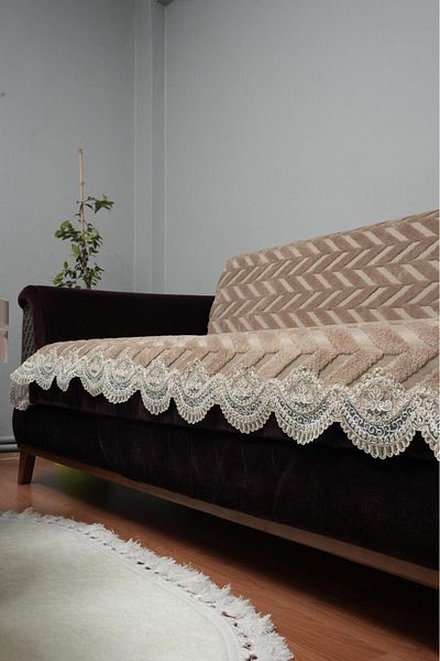 DECORA CASA HOME COLLECTİON Плюшен памучен калъф за диван с дантелена бродерия, гъбена основа, неплъзгащ се калъф за диван/легло |