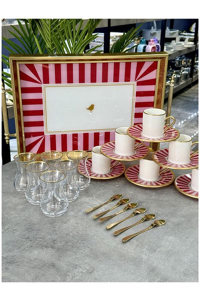 Doğudeko Pink Line 25 Piece Tea & Coffee Set with Tray