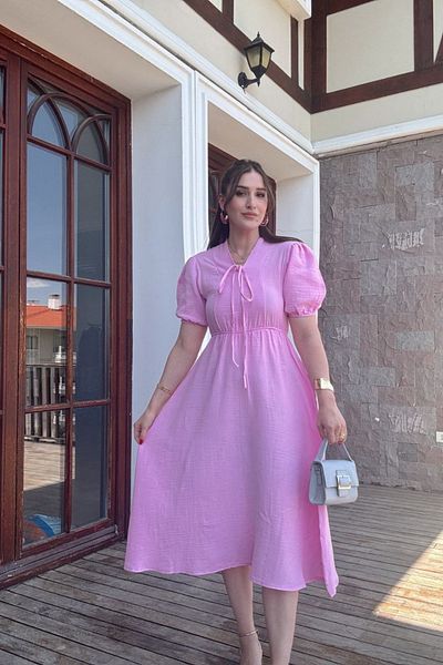 The Robi Rochie roz din muselina cu maneca scurta cu talie elastica