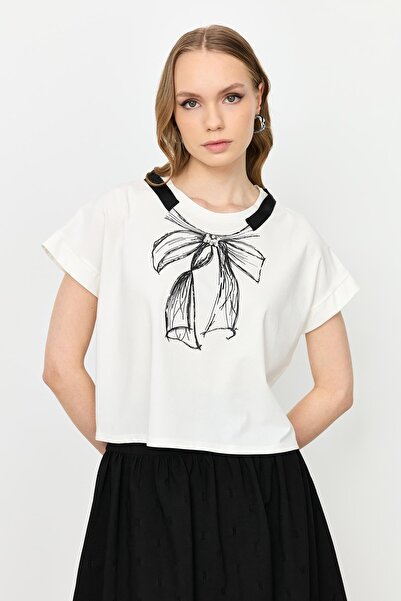 accort Taş Detay Pamuklu Tişört-KEMIK