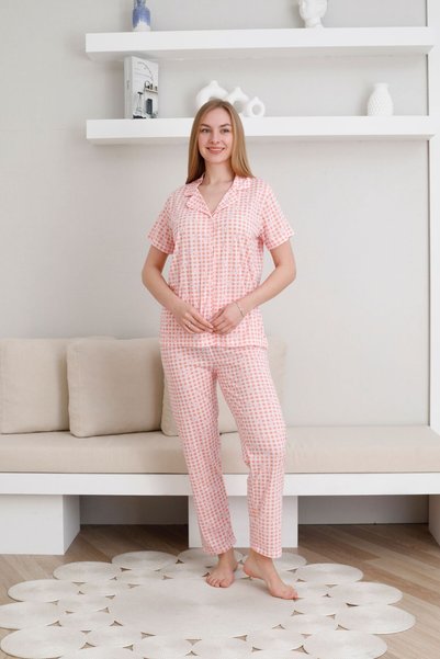 PİJAMOOD Kadın Papatya Desenli Düğmeli Kısa Kollu Pijama Takımı