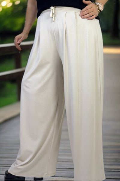 yagmurberen Ful Lycra Front Back Pleated Waist Elastic Wide Leg Large Size 2 Thread Combed Cotton Pants
