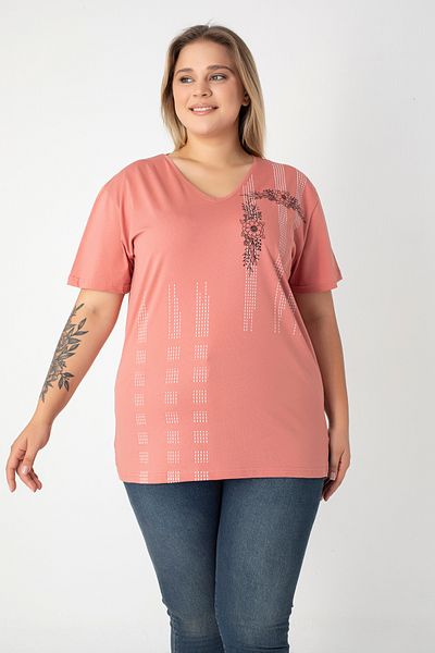 Orly More Printed Slit Cotton Women's V-Neck Plus Size T-Shirt