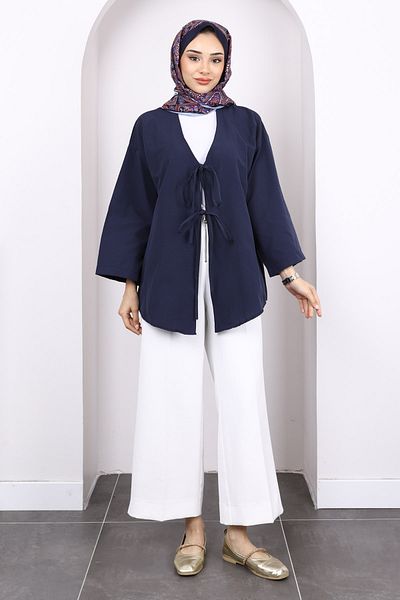 İmajButik Μπλε μπλέ μπροστινό δεμένο κιμονό τουνίκ