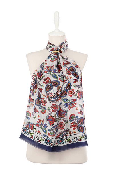 Bursa İpek Navy Blue Shawl Pattern Voile Silk Scarf