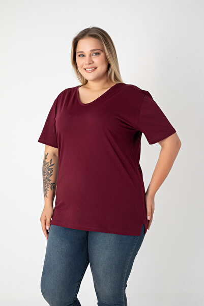 Orly More Slit Cotton Women's V-Neck Plus Size T-Shirt