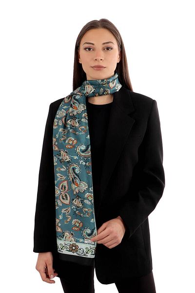 Bursa İpek Petrol Green Shawl Pattern Voile Silk Scarf