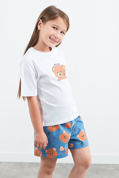Fulla Moda %100 Pamuk Ayıcık Baskılı Unisex Şortlu Pijama Takımı
