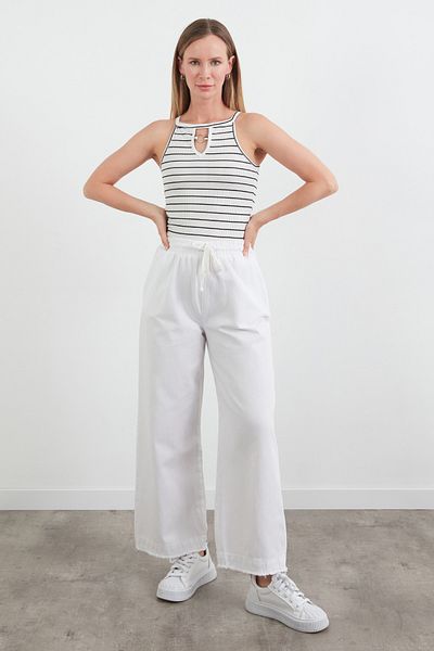 Fulla Moda Pantaloni din Gabardina cu Ciucuri si Talie Elastica