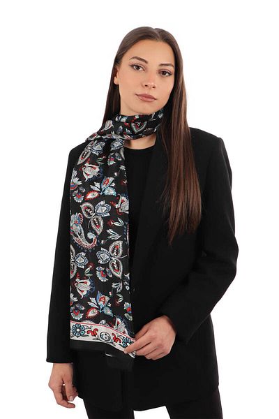 Bursa İpek Black Shawl Pattern Voile Silk Scarf