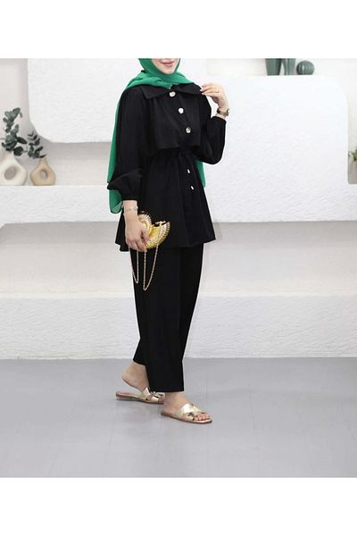 DEFNECE BUTİK Waist Tie Double Suit - Black