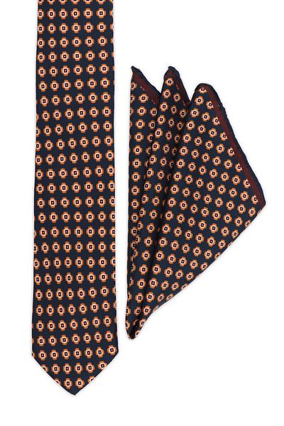 Bursa İpek Navy Blue Patterned Silk Tie Set