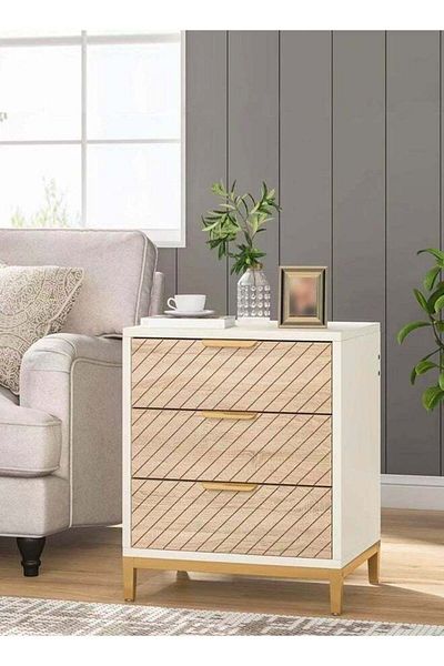 Raffine Multipurpose Mid Century Design Side Table Solid Wood Bedside Table Nightstand with 3 Storage Drawer