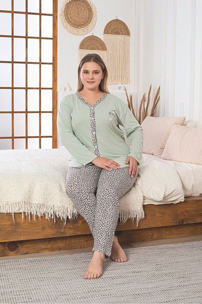 Asel Plus Size Long Sleeve Button-Down Cotton Fabric Pajamas Suit
