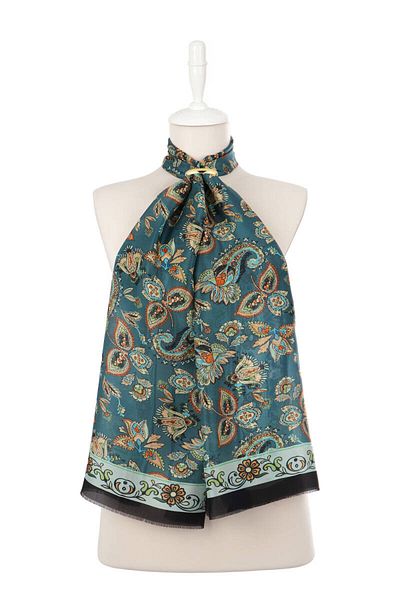 Bursa İpek Petrol Green Shawl Pattern Voile Silk Scarf