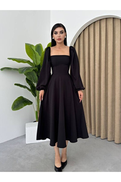 RiqqaStyle فستان كلاسيكي ميدي بأكمام طويلة - أسود