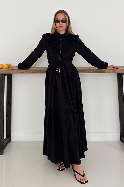 Olcay Rochie căptușită cu volan și detaliu guipură în față NEGRU 9322-E