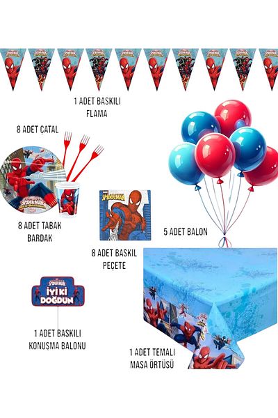 Evabrite Spiderman 8-Person Birthday Party Set - Spiderman Concept Party Decorations
