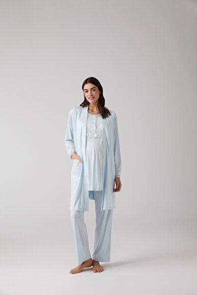 MERCİ MARYA Mavi Dantel Detaylı Sabahlık Pijama Takımı 3'lü Set