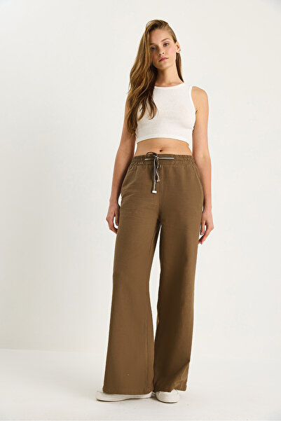 Bianco Lucci Γυναικείο λινό παντελόνι Palazzo με ελαστική μέση με λεπτομέρεια τσέπης YP5219 60283436