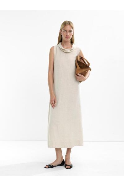 PARFOIS %100 Keten Manşet Yaka Elbise