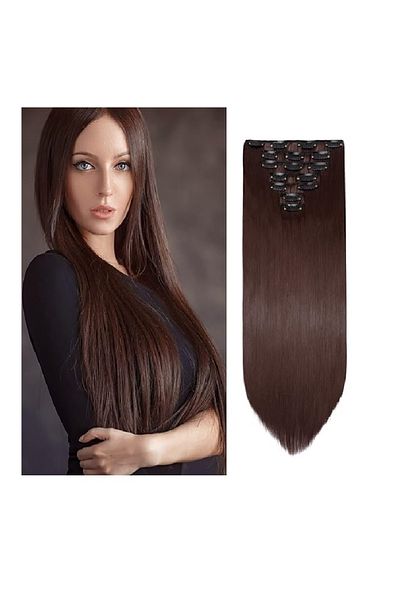 animis beauty SATEN Chocolate hair extensions, straight, 16 clips, 57 cm, synthetic fiber with a look
