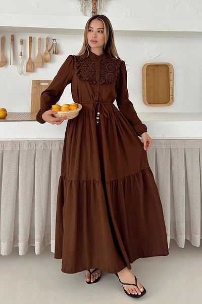 Olcay Lined Dress with Ruffles and Guipure Detail on the Front Brown 9322-E