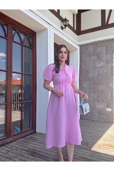 The Robi Rochie roz din muselina cu maneca scurta cu talie elastica