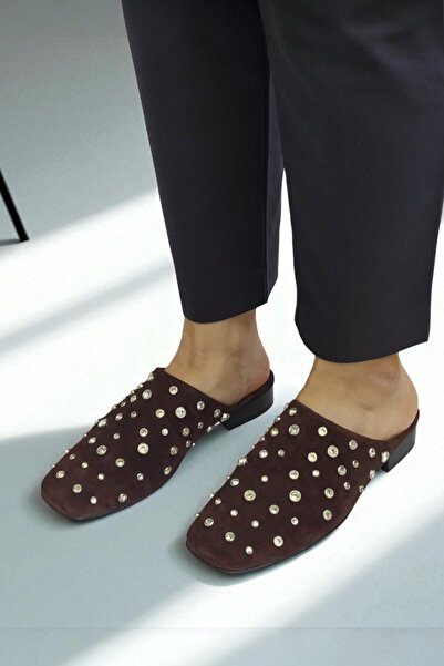 ERS Air Comfort Women's Stone Detailed Brown Genuine Suede Leather Sabo Slippers - Comfortable and Stylish Design