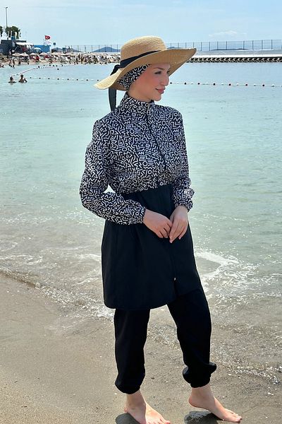 Tesettür Diyarı Zippered Gathered Waist Parachute Fabric Hijab Swimsuit