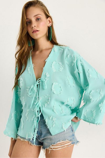 Bianco Lucci Women's Front Tie Self Embroidery Tassel Casual Kimono 7012-2 60283410