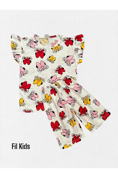 Fil Kids Girls' Cotton Summer Thin Fabric White Ribbon Pattern Short Sleeve Shorts Summer Pajamas Set