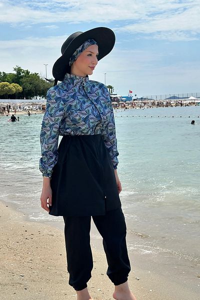 Tesettür Diyarı Zippered Gathered Waist Parachute Fabric Hijab Swimsuit