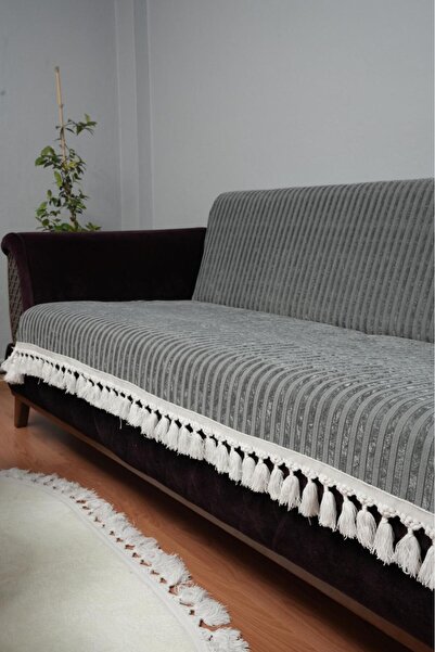 DECORA CASA HOME COLLECTİON Saçaklı Çizgili Süngerli Kadife Kaymaz Çekyat Koltuk Örtüsü