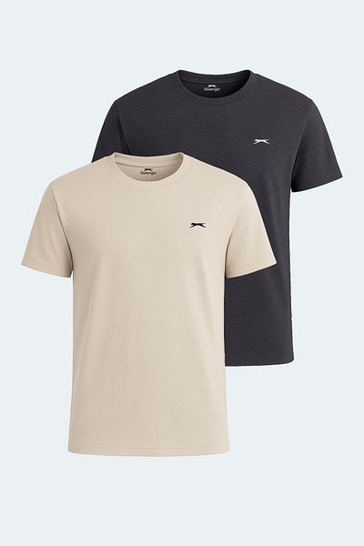 Slazenger KRATER Σετ 2 Ανδρικά T-Shirt Μπεζ - Σκούρο Γκρι