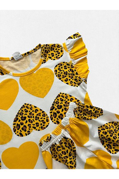 Fil Kids Girls' Cotton Summer Thin Fabric Yellow Heart Leopard Print Short-Sleeved Shorts Summer Pajamas Set