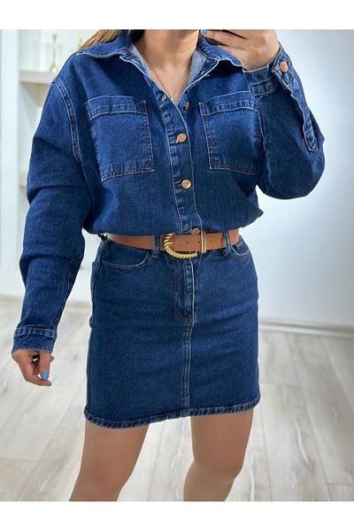 MELTEM TUĞAN Shirt Collar Belted Jean Dress Dark Blue