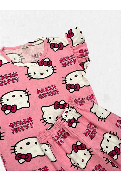 Fil Kids Girls' Cotton Summer Thin Fabric Pink Cat Pattern Short-Sleeved Shorts Summer Pajamas Set