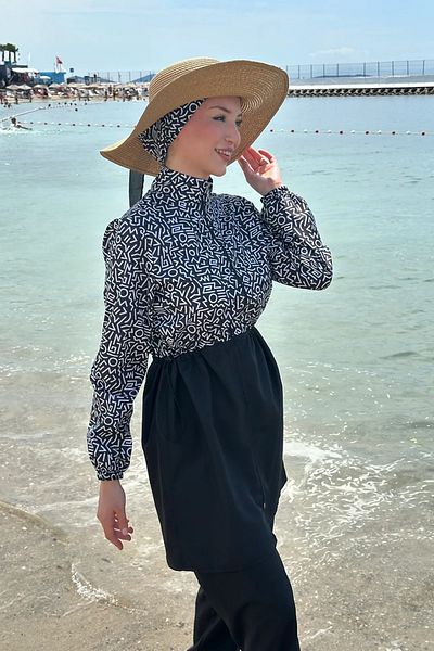 Tesettür Diyarı Zippered Gathered Waist Parachute Fabric Hijab Swimsuit