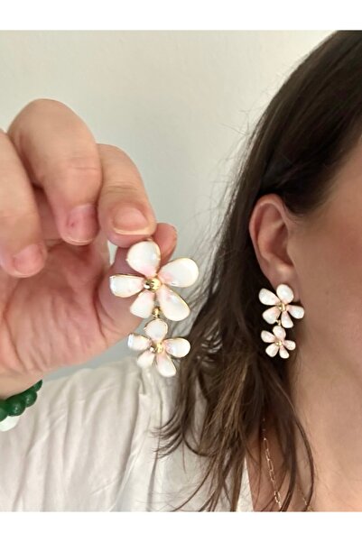ALS Tasarım Dünyası Women's White Color Flower Figured Ceramic Dangle Model Earrings Length 4 cm